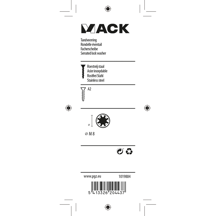 Mack 1019884 - tandveerring inox a2 8 st m8 | 10 stuks