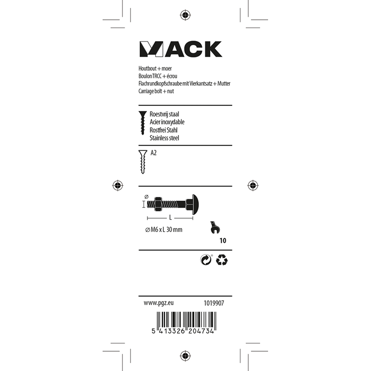 Mack 1019907 - houtbout + moer roestvrijstaal 5 st m6x30 mm | 10 stuks