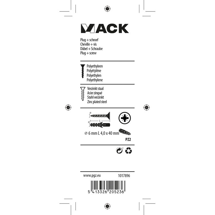Mack 1017896 - plug + schroef polyethyleen 20 st 6 mm 4,0 x 40 mm | 5 stuks
