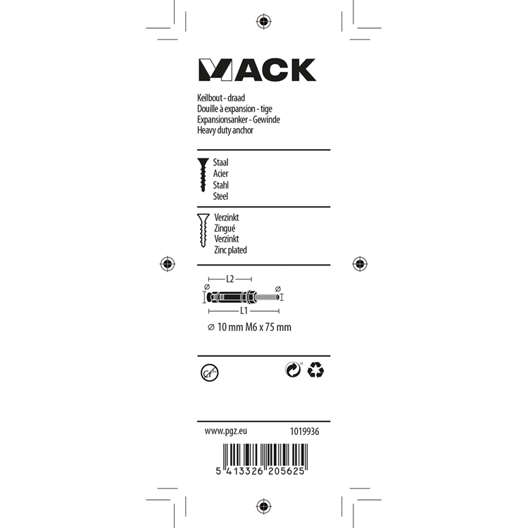 Mack 1019936 - keilbout met draadst. verzinkt 4 st m6 x 75 mm | 5 stuks