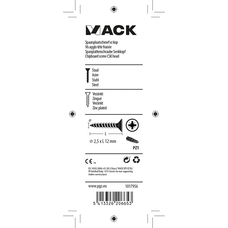 Mack 1017956 - spaanplaatschroef vz kop geelverz.200st 2,5 x 12 mm | 10 stuks
