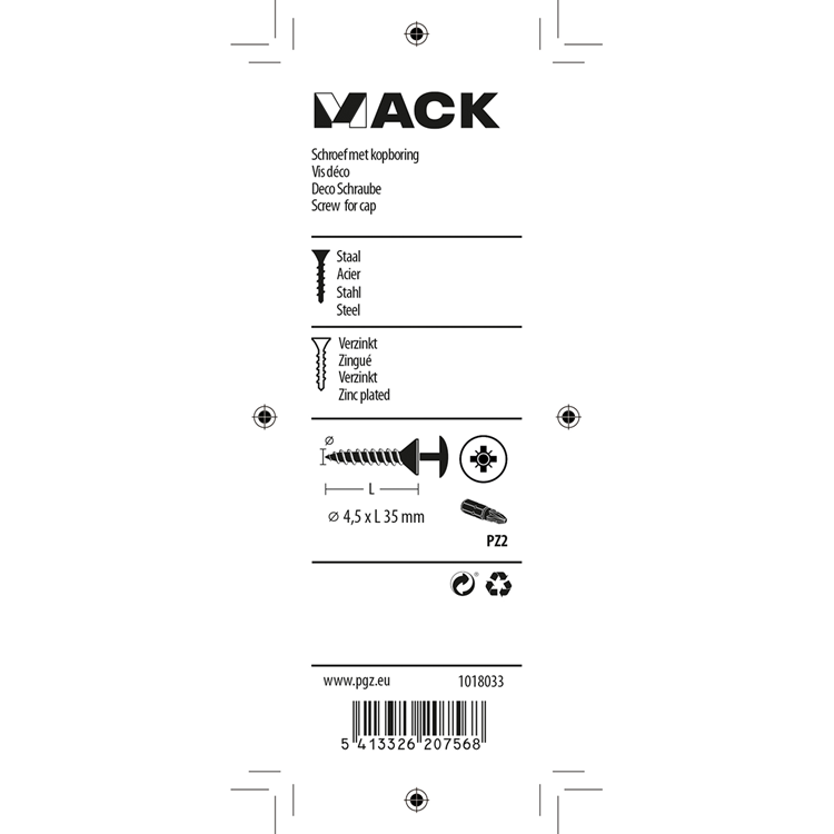 Mack 1018033 - schroef met kopboring staal verz. 35 st 4,5 x 35 mm | 5 stuks