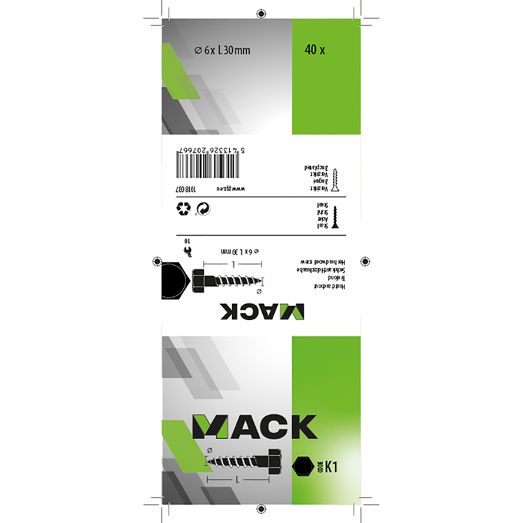 Mack 1018037 - houtdraadbout staal verzinkt 40 st 6 x 30 mm | 5 stuks
