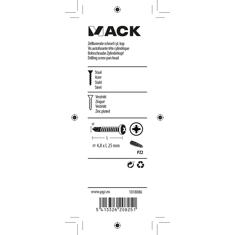 Mack 1018086 - zelfborende schroef cylkop verz 55st 4,8 x 25 mm | 5 stuks