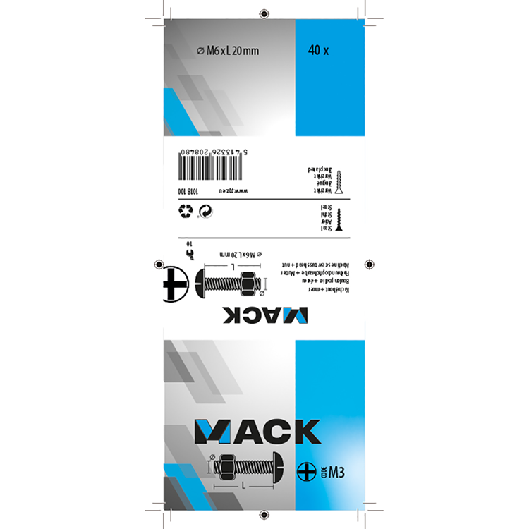 Mack 1018100 - kachelbout + moer staal verzinkt 40 st m6 x 20 mm | 5 stuks