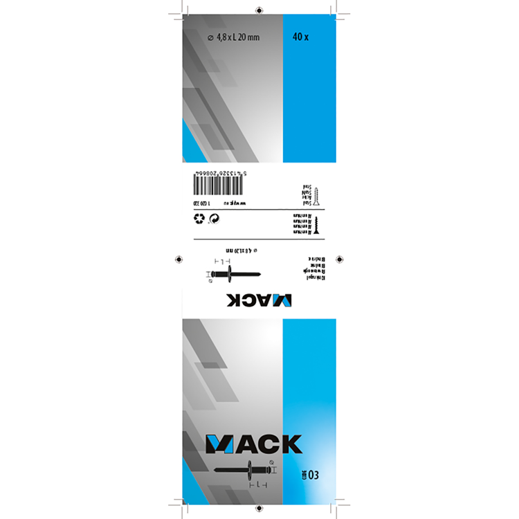 Mack 1020320 - 40 blindnieten alu brede kop 4,8x20mm | 3 stuks