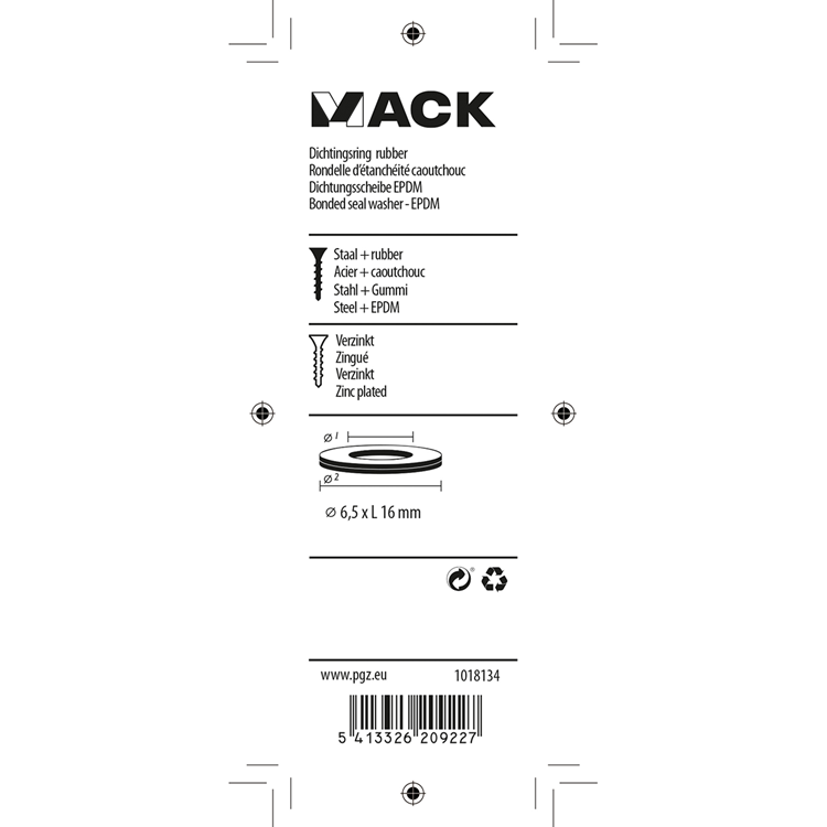 Mack 1018134 - dichtingsring rubber verzinkt 40 st 6,5 x 16 mm | 5 stuks
