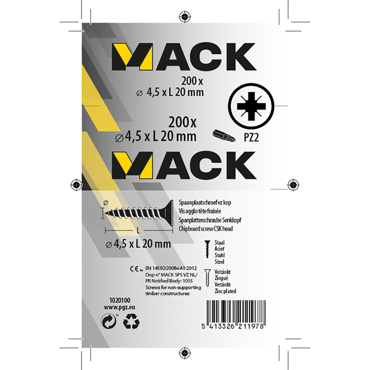 Mack 1020100 - spaanplaatschroef vz kop geel vz 200 st 4,5 x 20 mm | 5 stuks
