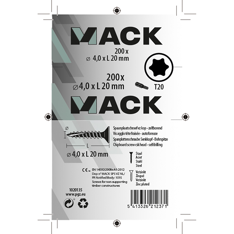 Mack 1020135 - spaanplaatschroef vz kp-zelfb.gvz 200st 4,0 x 20 mm | 5 stuks