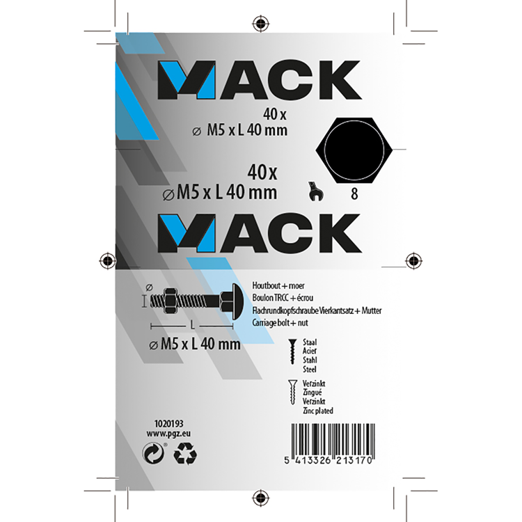 Mack 1020193 - houtbout + moer verzinkt 40 stm5 x 40 mm | 5 stuks