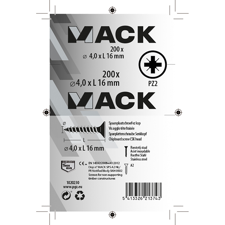 Mack 1020230 - spaanplaatschroef vz kop inox a2 200 st 4,0 x 16 mm | 2 stuks