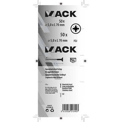 Mack 1020247 - spaanplaatschroef vz kop inox a2 50 st 5,0 x 70 mm | 2 stuks
