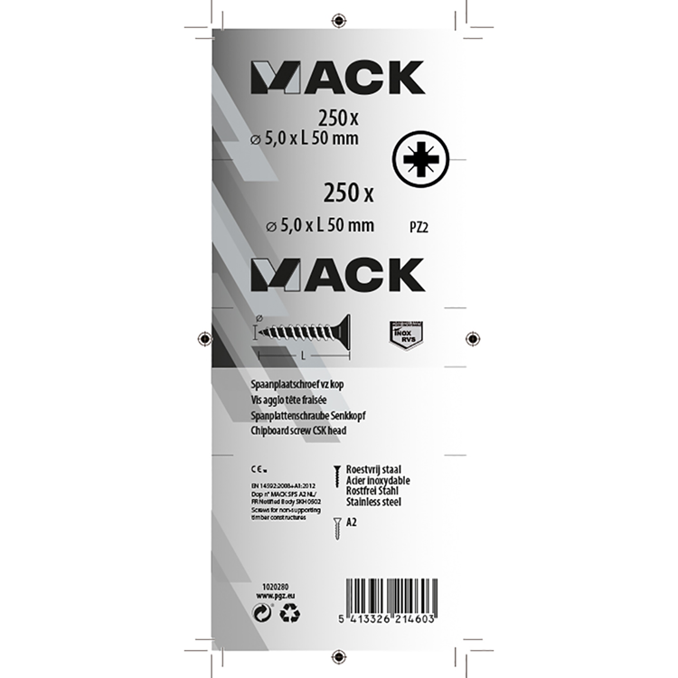 Mack 1020280 - spaanplaatschroef vz kop inox a2 250 st 5,0 x 50 mm | 2 stuks