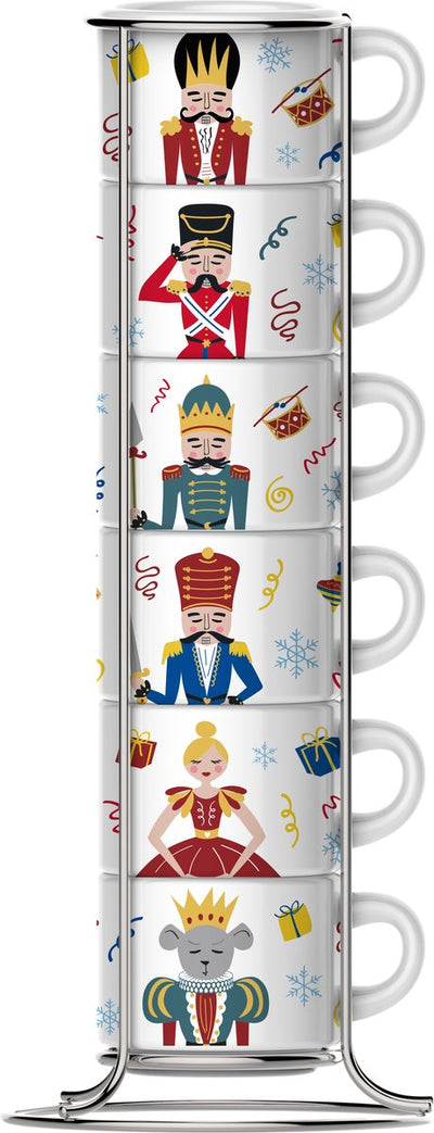 Bialetti nutcracker espressokopjes set 6 stuks met rek – 90 ml – porseleinen espresso kopjes – limited edition - stapelbaar