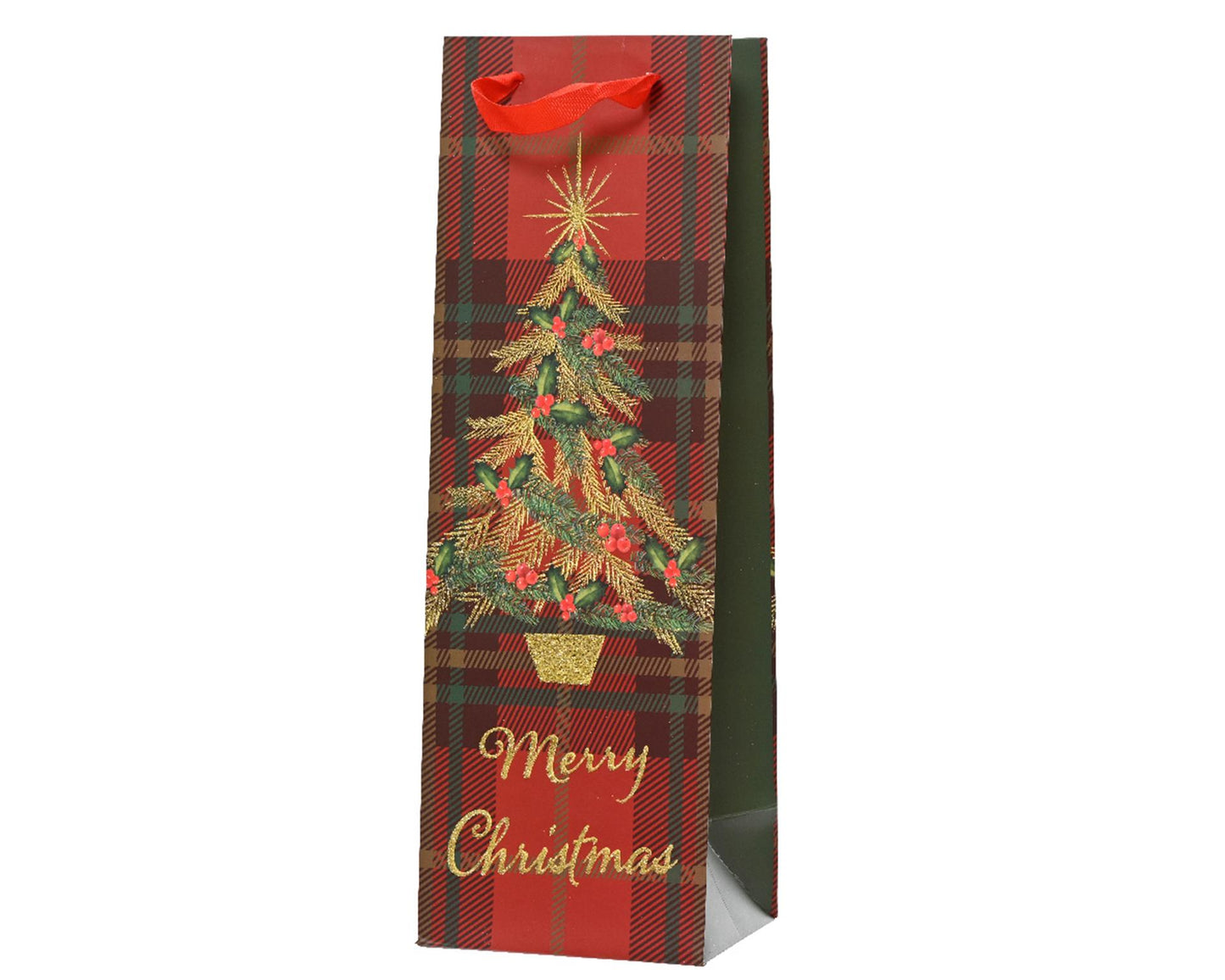 Decoris wijnfles geschenktas kerstboom rood van 100% fsc papier 10x12x36cm