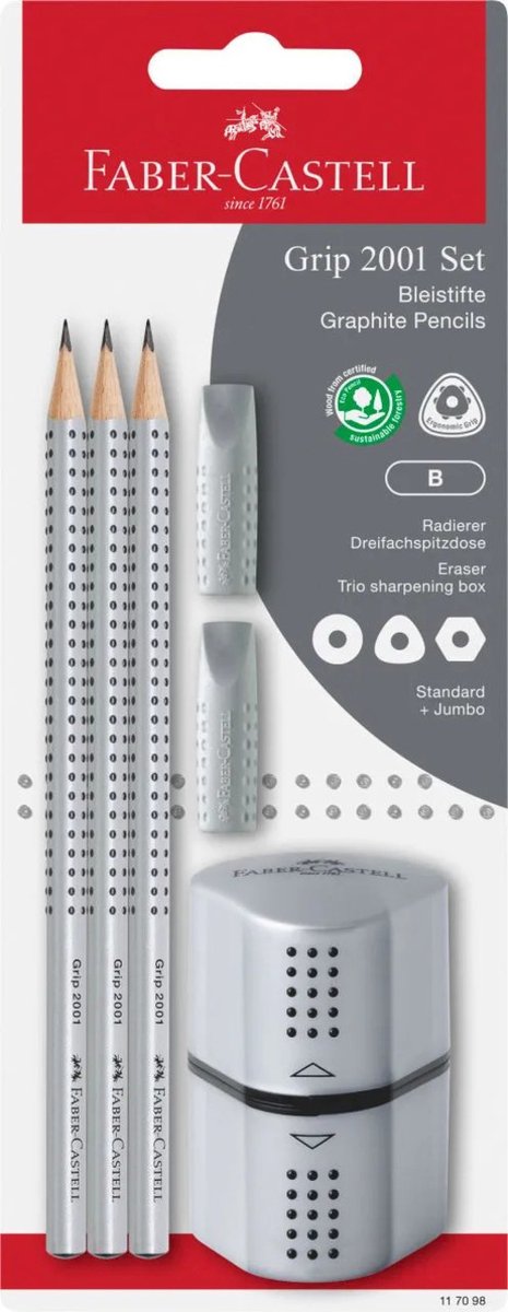 Faber-castell faber castell grafietpotlodenset - grip 2001 - hardheid hb - inclusief puntenslijper en 2 gumdoppen - 3 stuks op blisterkaart - fc-117098