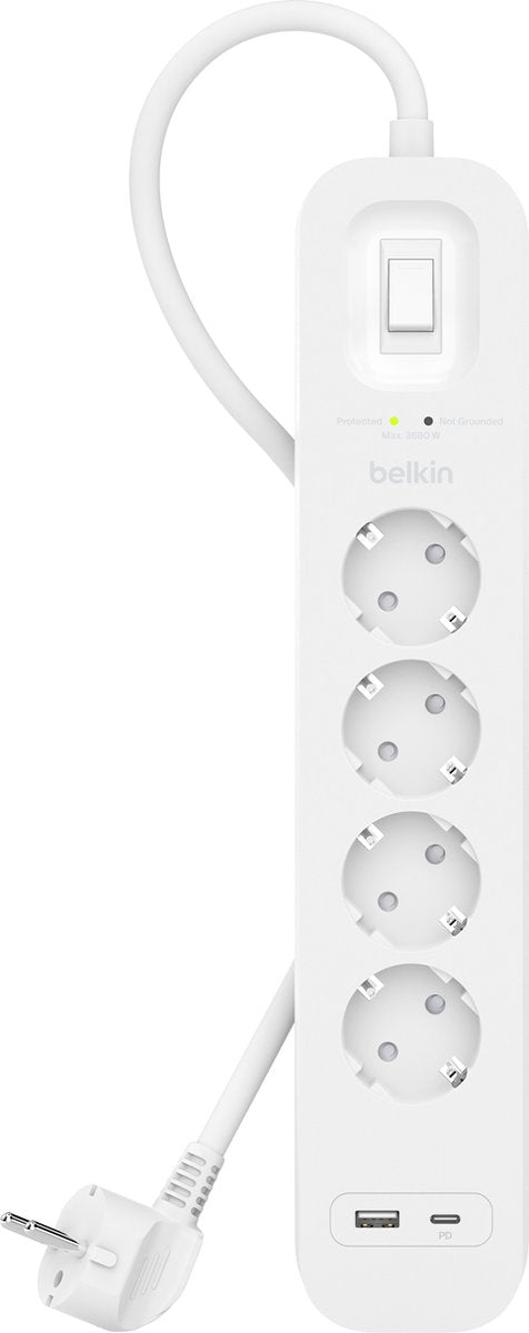Belkin spanningsbeveiliger met 4 stopcontacten wit 2m (usb-c+usb-a)