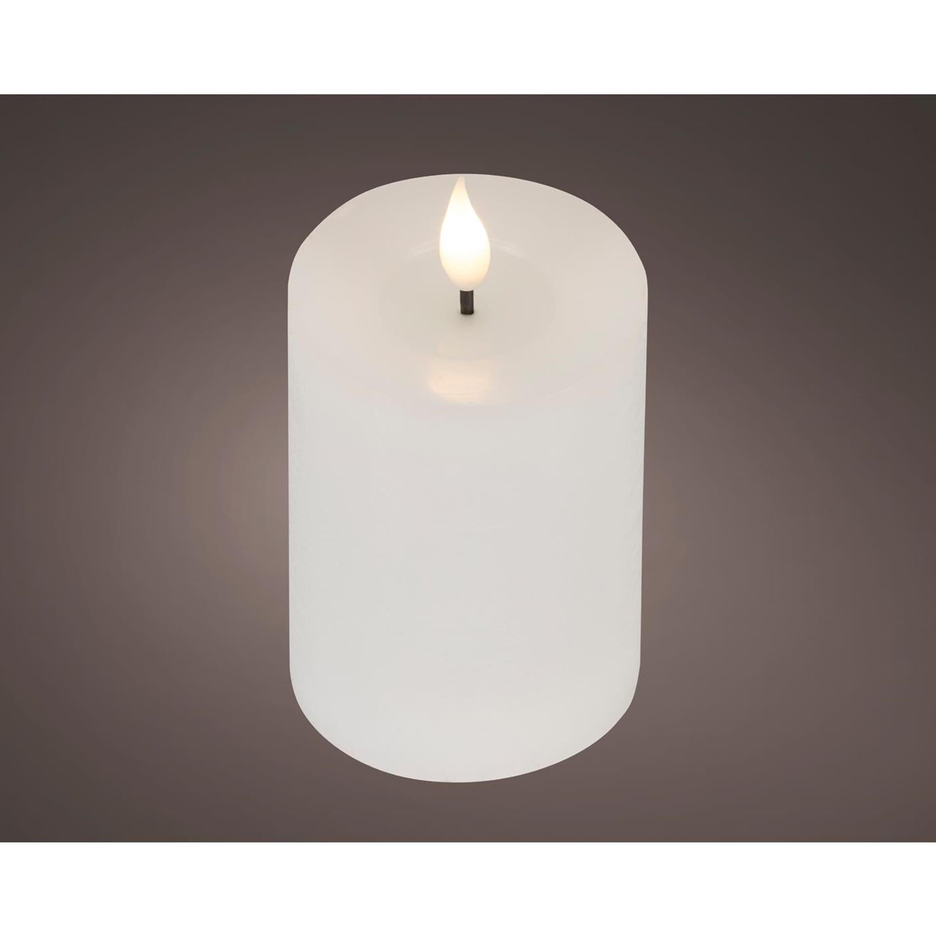 Lumineo realistische led kaars met wax pit en vlam effect ã˜7.5x13,5cm wit met 6uur timer werkt op batterij