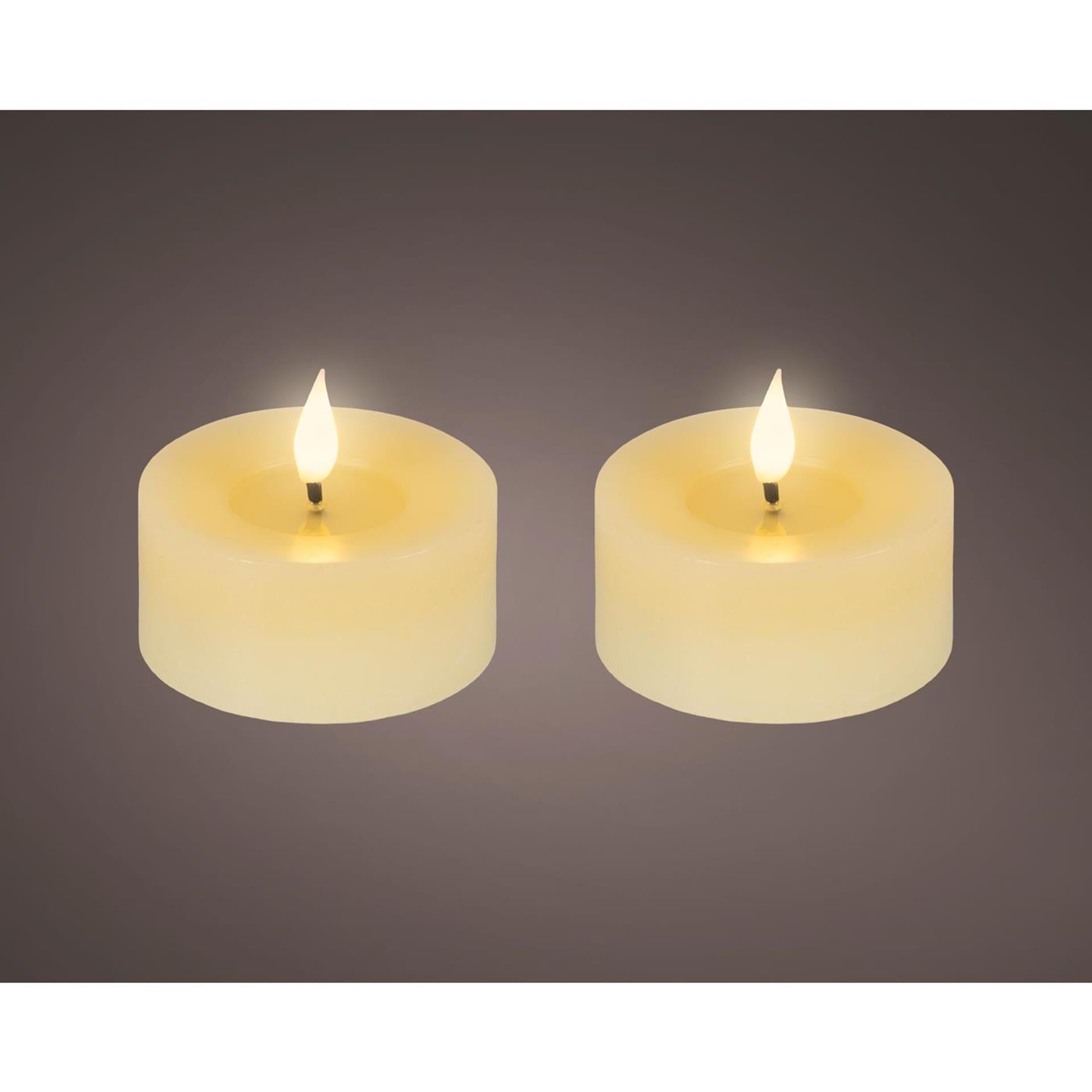 Lumineo realistische led theelicht met vlam effect ã˜7,5x6cm crã©me met 6uur timer werkt op batterij- 2 stuks