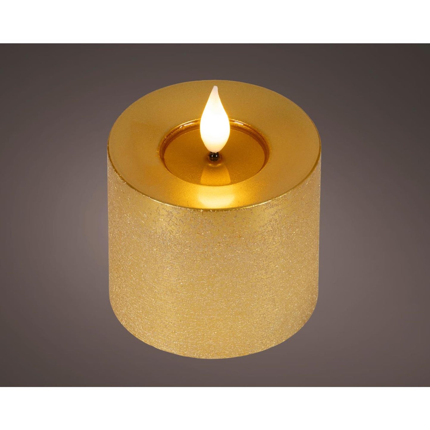 Lumineo realistische led kaars met wax pit en vlam effect ã˜7.5x9,5cm goud met 6uur timer werkt op batterij