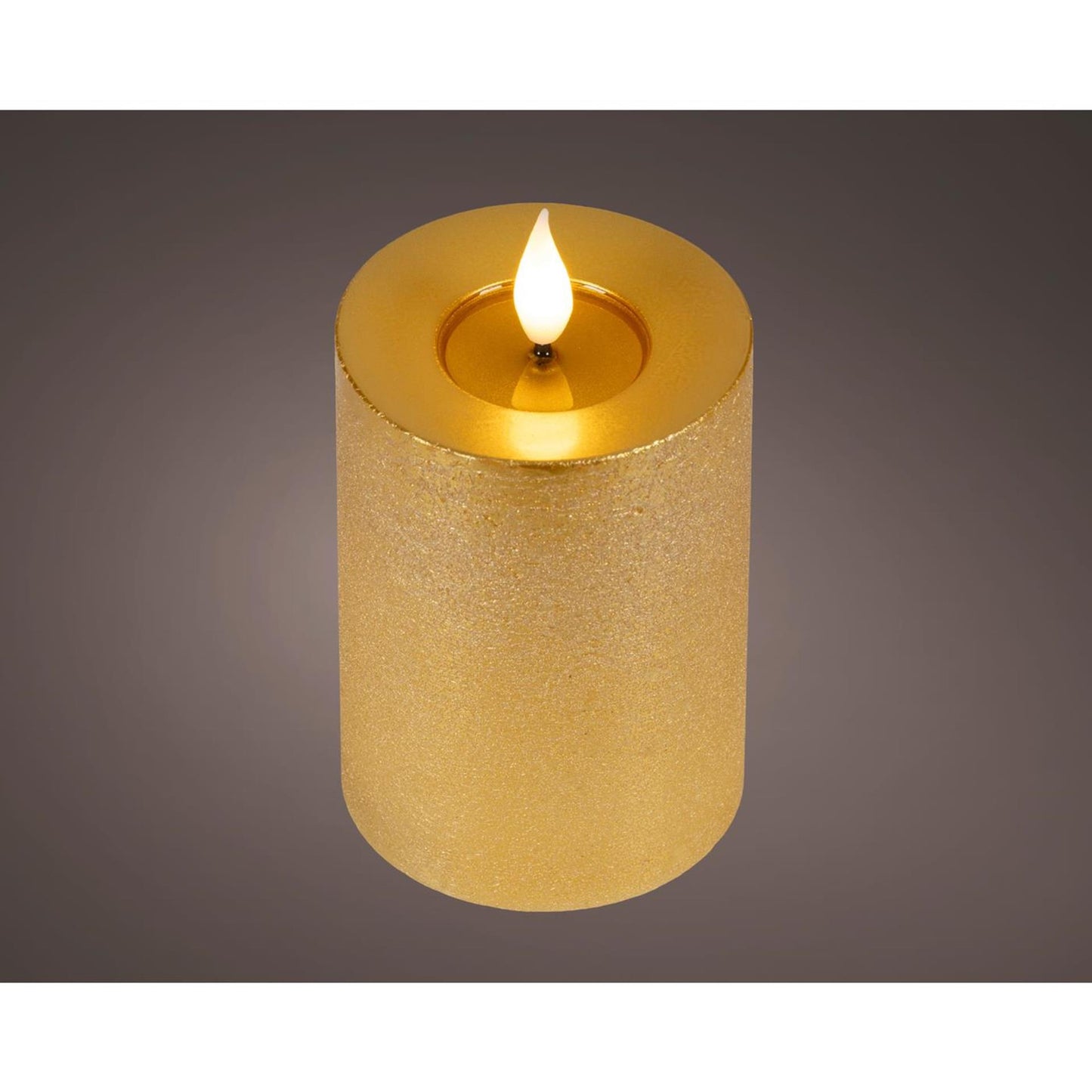 Lumineo realistische led kaars met wax pit en vlam effect ã˜7.5x13,5cm goud met 6uur timer werkt op batterij