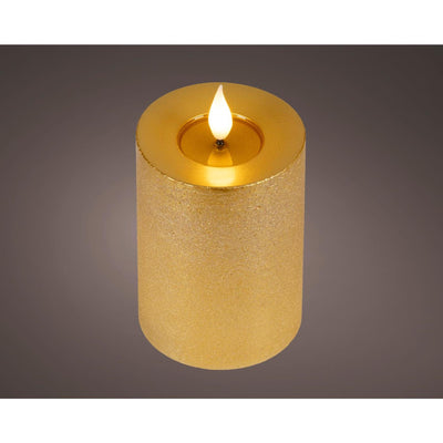 Lumineo realistische led kaars met wax pit en vlam effect ø7.5x13,5cm goud met 6uur timer werkt op batterij