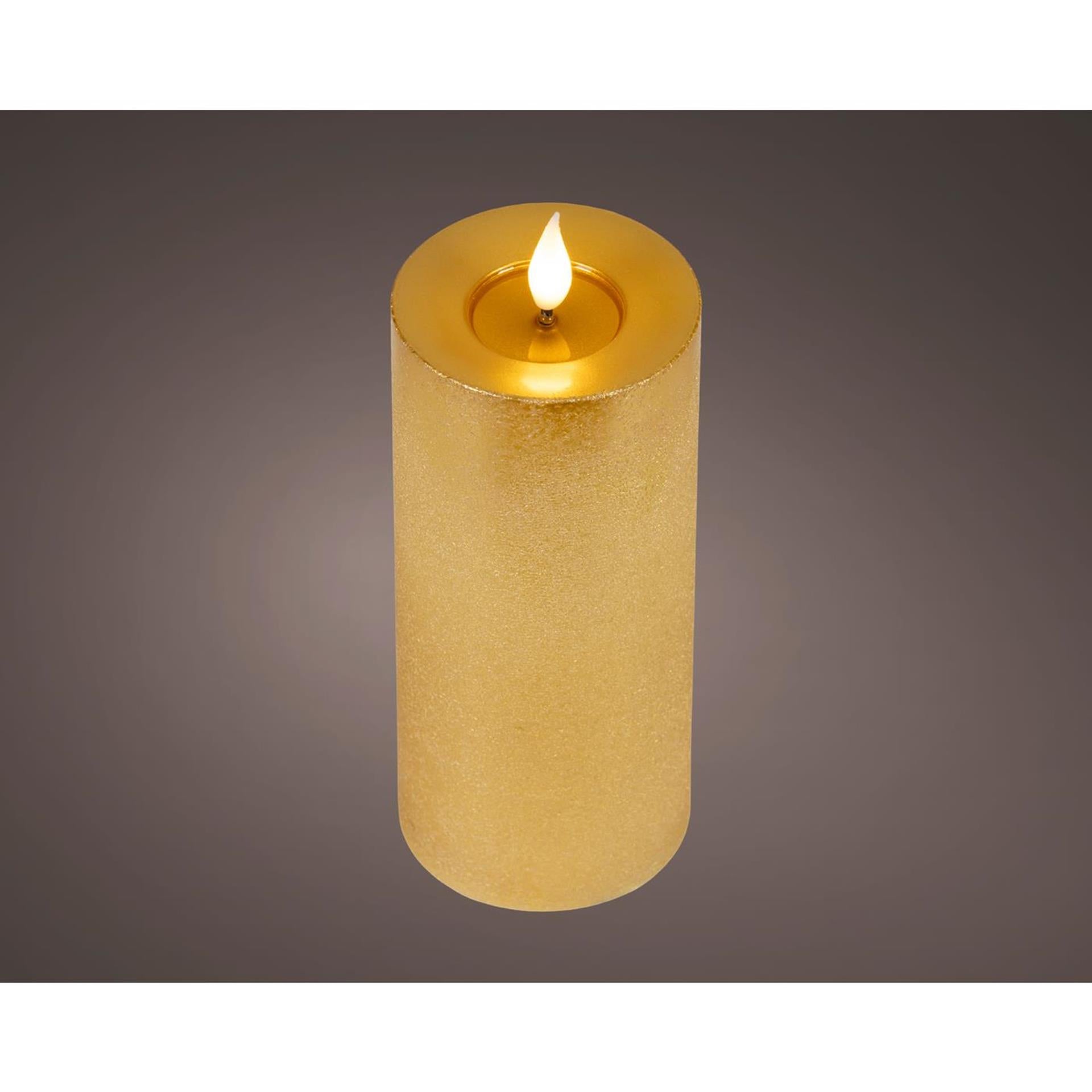 Lumineo realistische led kaars met wax pit en vlam effect ã˜7.5x20cm goud met 6uur timer werkt op batterij