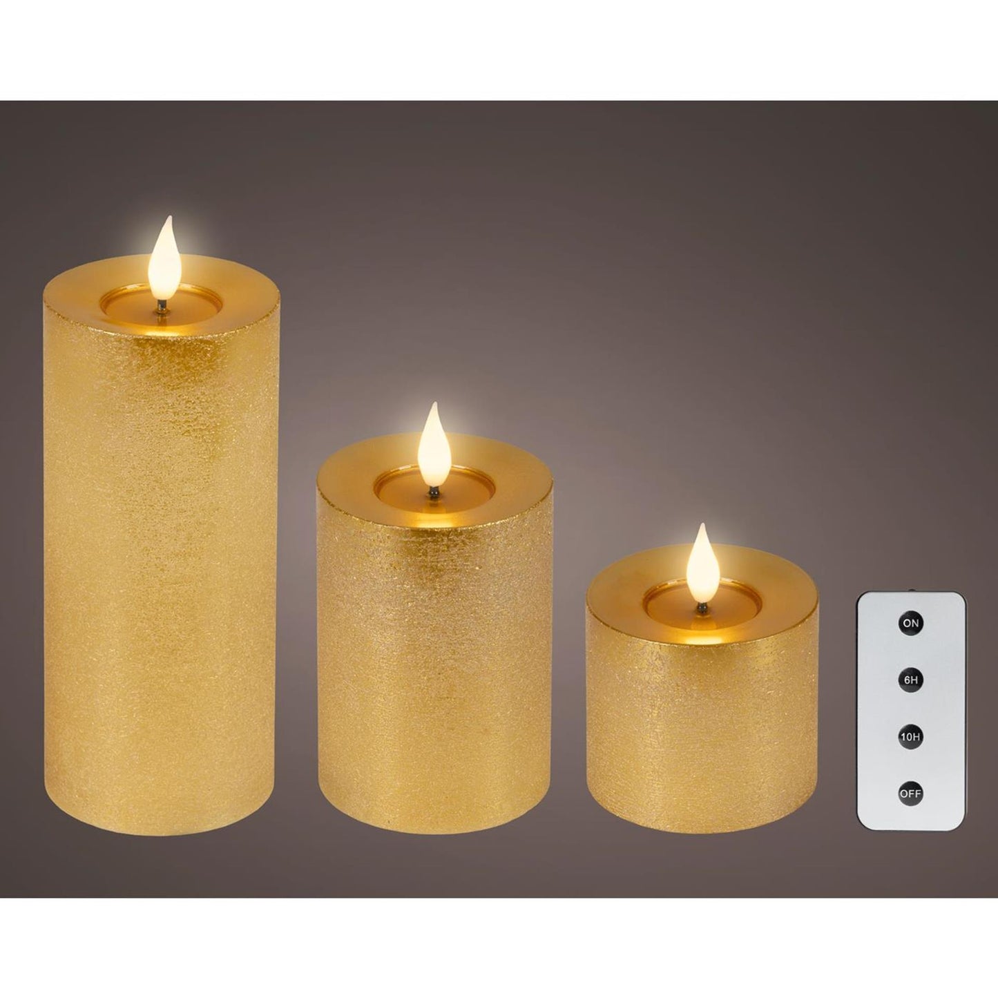 Lumineo 3-delig realistische led kaars met wax pit en vlam effect ã˜7.5 hoogte 9,5-13,5-20cm goud met timer werkt op afstandsbediening en batterij