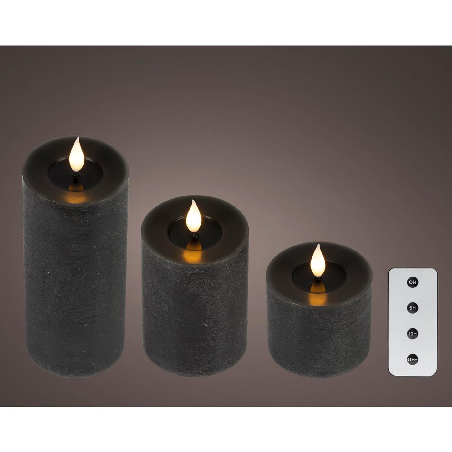 Lumineo 3-delig realistische led kaars met wax pit en vlam effect ã˜7.5 hoogte 9,5-13,5-20cm zwart met timer werkt op afstandsbediening en batterij
