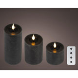 Lumineo 3-delig realistische led kaars met wax pit en vlam effect ø7.5 hoogte 9,5-13,5-20cm zwart met timer werkt op afstandsbediening en batterij - afbeelding 1