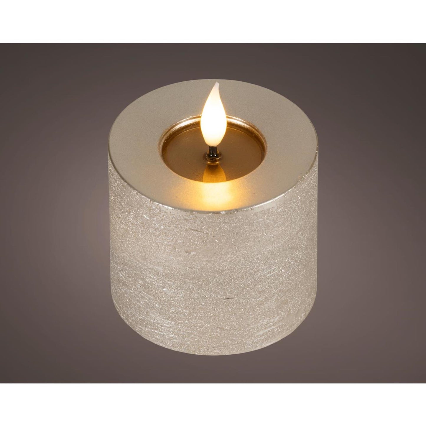 Lumineo realistische led kaars met wax pit en vlam effect ã˜7.5x9,5cm licht grijs met 6uur timer werkt op batterij