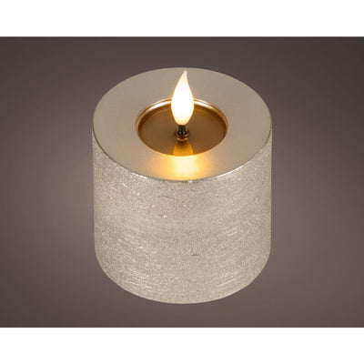 Lumineo realistische led kaars met wax pit en vlam effect ø7.5x9,5cm licht grijs met 6uur timer werkt op batterij