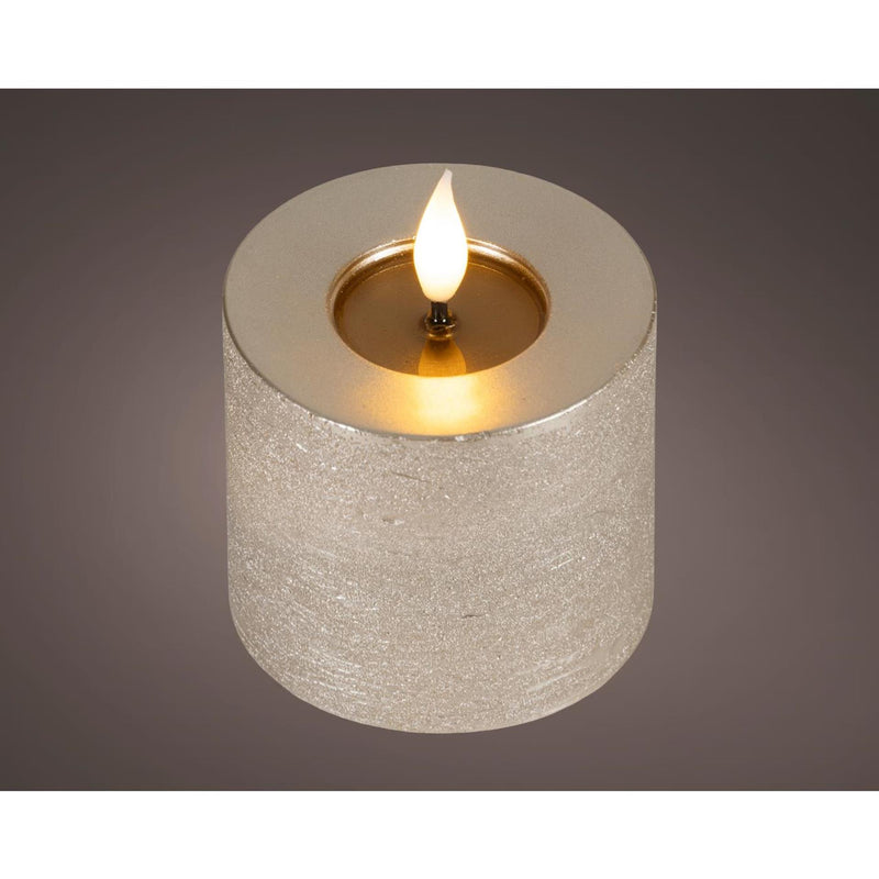 Lumineo realistische led kaars met wax pit en vlam effect ø7.5x9,5cm licht grijs met 6uur timer werkt op batterij