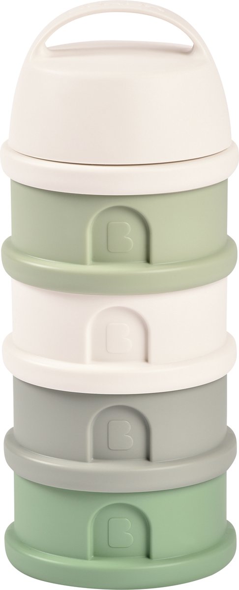 Béaba melktoren met 4 stapelbare doseerdoosjes - poederdoos voor onderweg met tot 11 doses per vak - luchtdicht en lekvrij afgesloten - ook bruikbaar als snackbox - eco-design met 28% minder plastic - cotton sage green