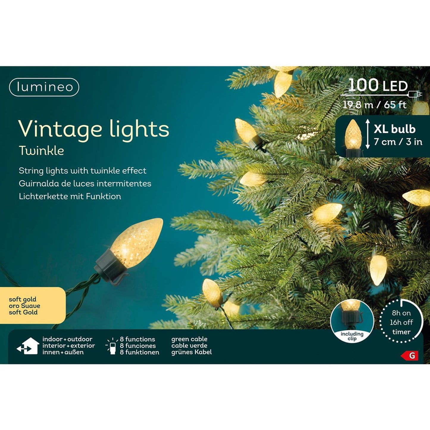 Lumineo led vintage kerstboom verlichtng 8 functie twinkel effect 100led 1980cm groen soft gold