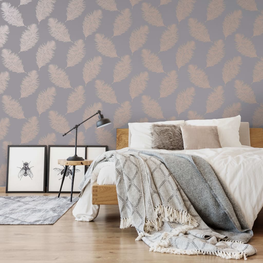 Dutch wallcoverings behang fawning feather grijs en roségoudkleurig