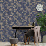 Dutch wallcoverings behang tropical trees marineblauw en zilverkleurig - afbeelding 1