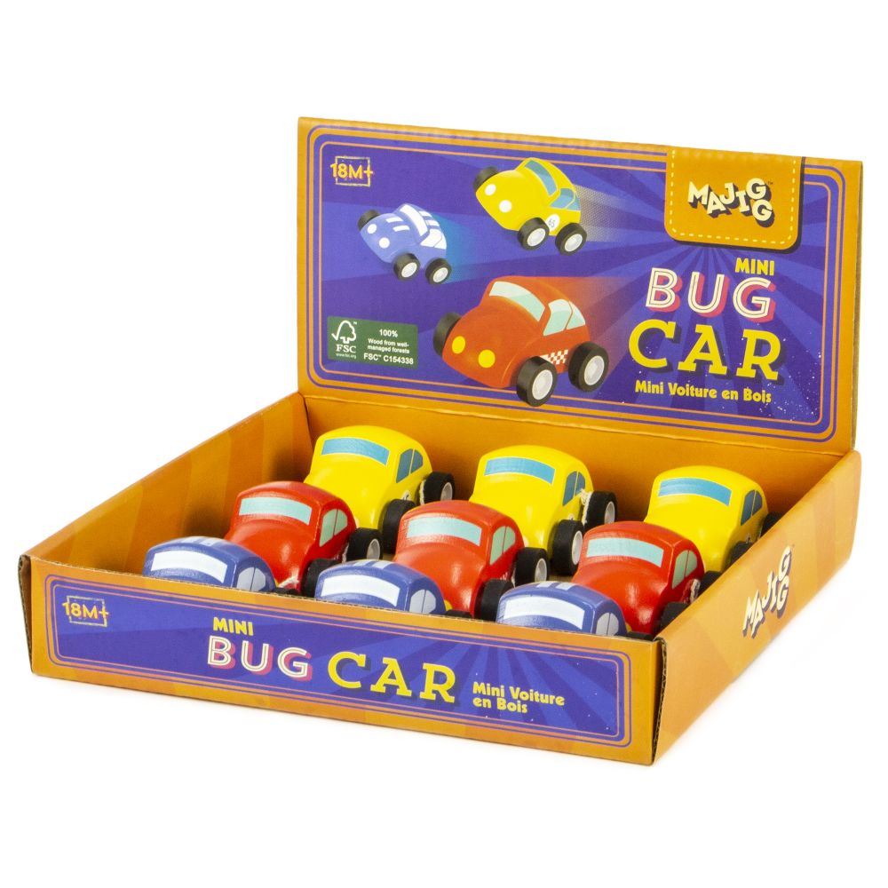 Houten mini bug auto. fsc. 12 stuks. 3+