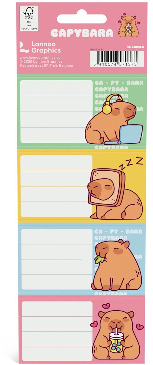 Capybara zelfklevende schooletiketten - set van 16 stuks