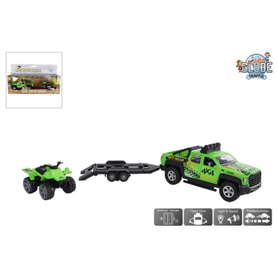 Kids globe terreinwagen met trailer met quad licht geluid 29cm