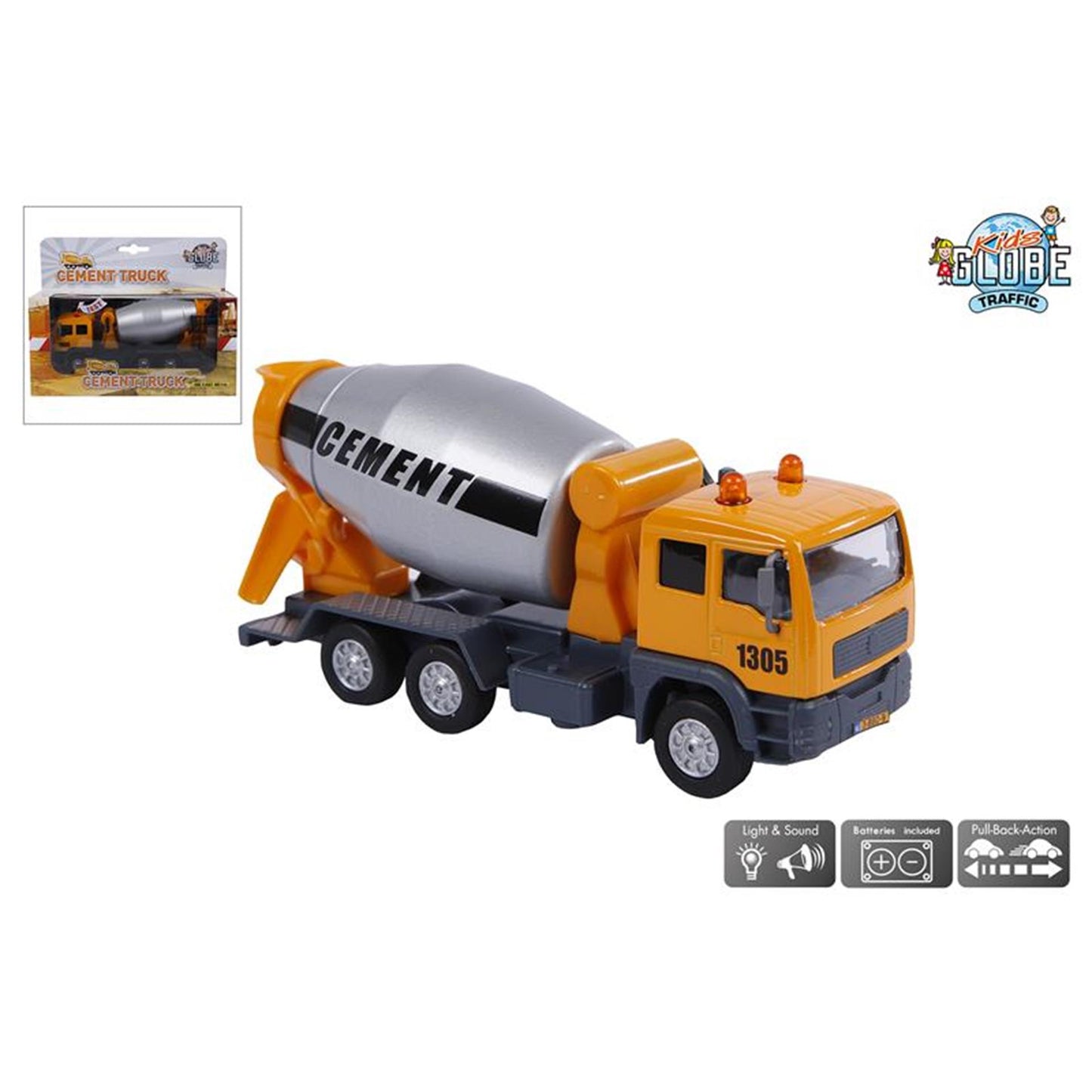 Kids globe pull back cementwagen met licht geluid