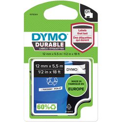 Labeltape dymo d1 durable vinyl 12 mm x 5,5 m zwart op wit