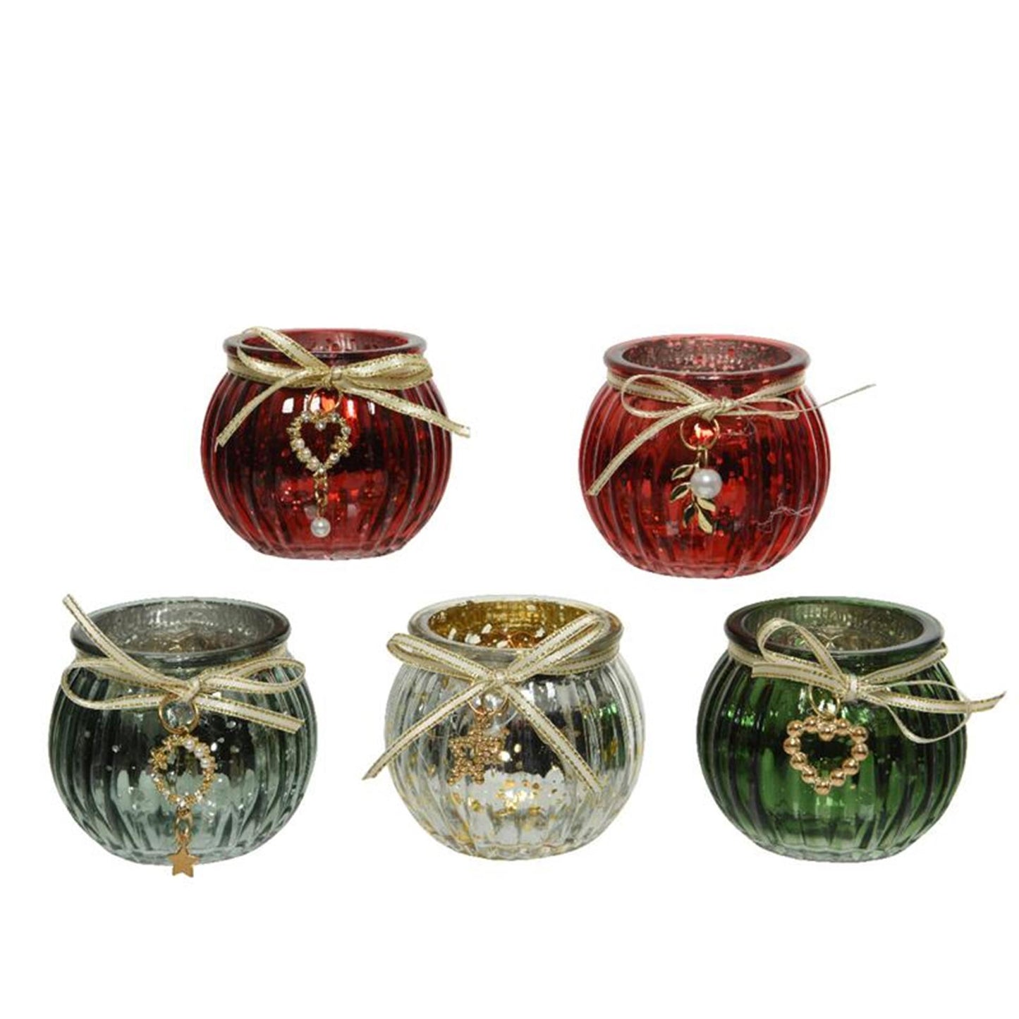 Decoris theelichthouder antiek met strasshanger licht groen groen rood ossenboed goud glas dia6,5x5,5cm