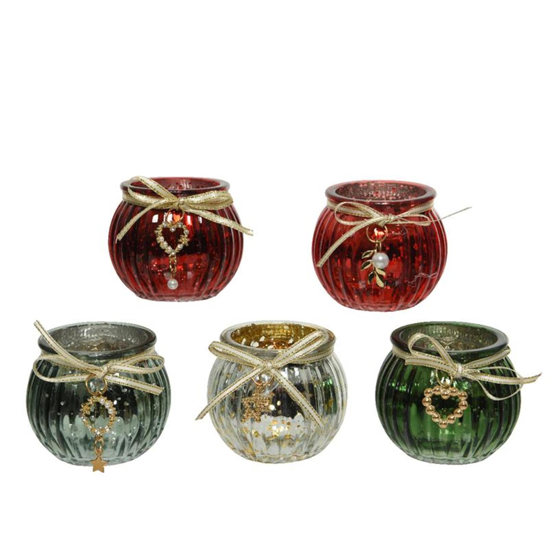 Decoris theelichthouder antiek met strasshanger licht groen groen rood ossenboed goud glas dia6,5x5,5cm