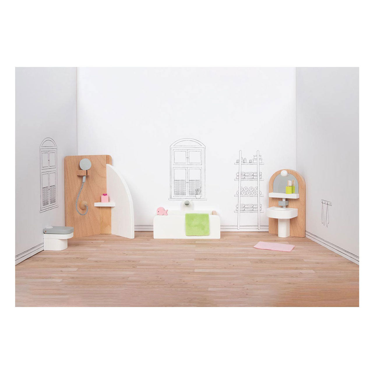 Goki poppenhuismeubeltjes: design badkamer, 10-delig, 11,2x6,2x6cm (bad), beukenhout en stof, 3+