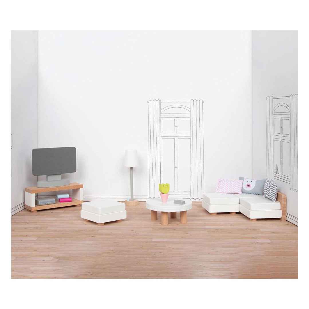 Goki poppenhuismeubeltjes: design woonkamer, 15-delig, 9,5x3x4cm (televisiekast), beukenhout en stof, 3+