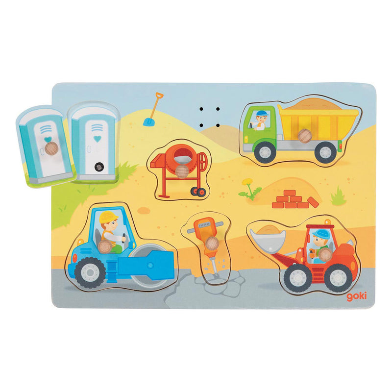 Goki houten vormenpuzzel bouwplaats met geluid, 6st.