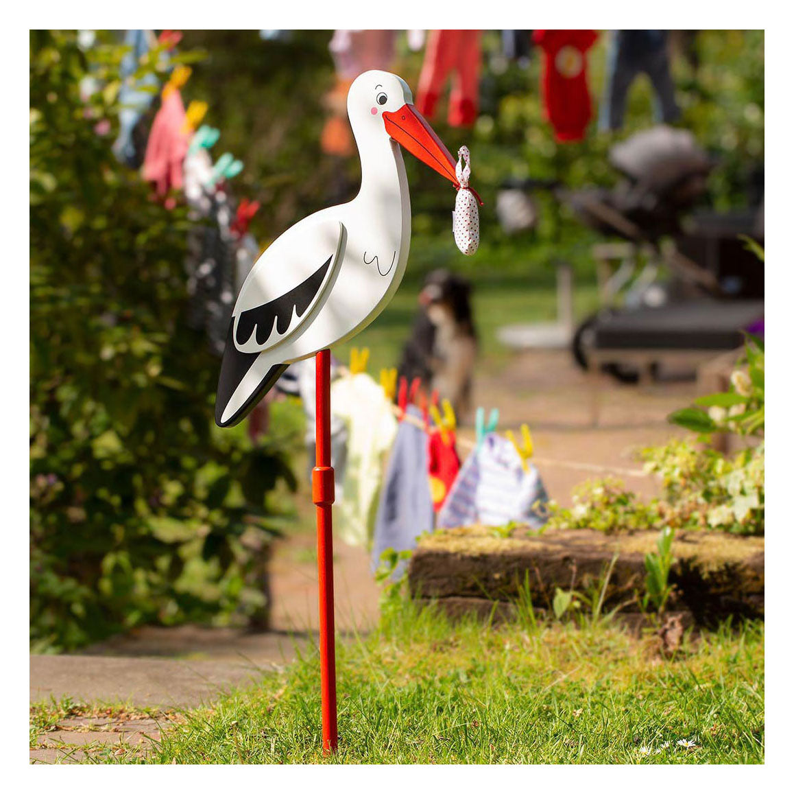 Goki ooievaar met babydoekje l100cm, voor in de tuin, hout