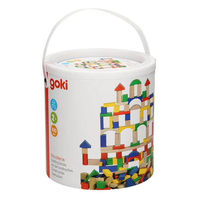 Goki houten bouwblokken in ton - kleur, 100dlg.