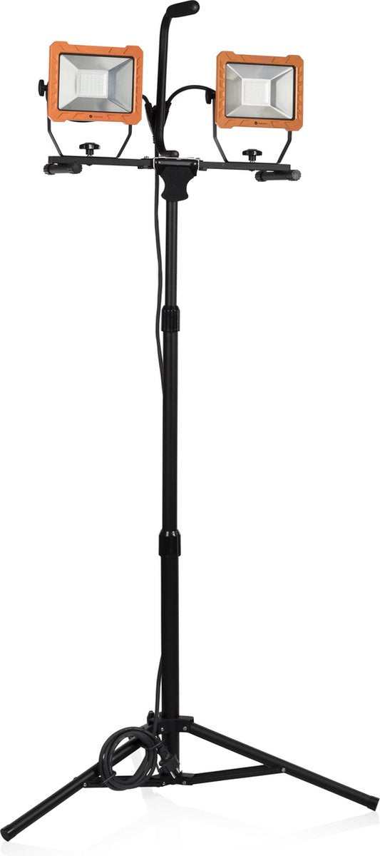 Smartwares dubbele bouwlamp - led 2x 30w werklamp - verstelbare hoogte 65-125cm - 4800 lm - fcl-80114 - ip65 - voor binnen buiten - verstelbaar statief